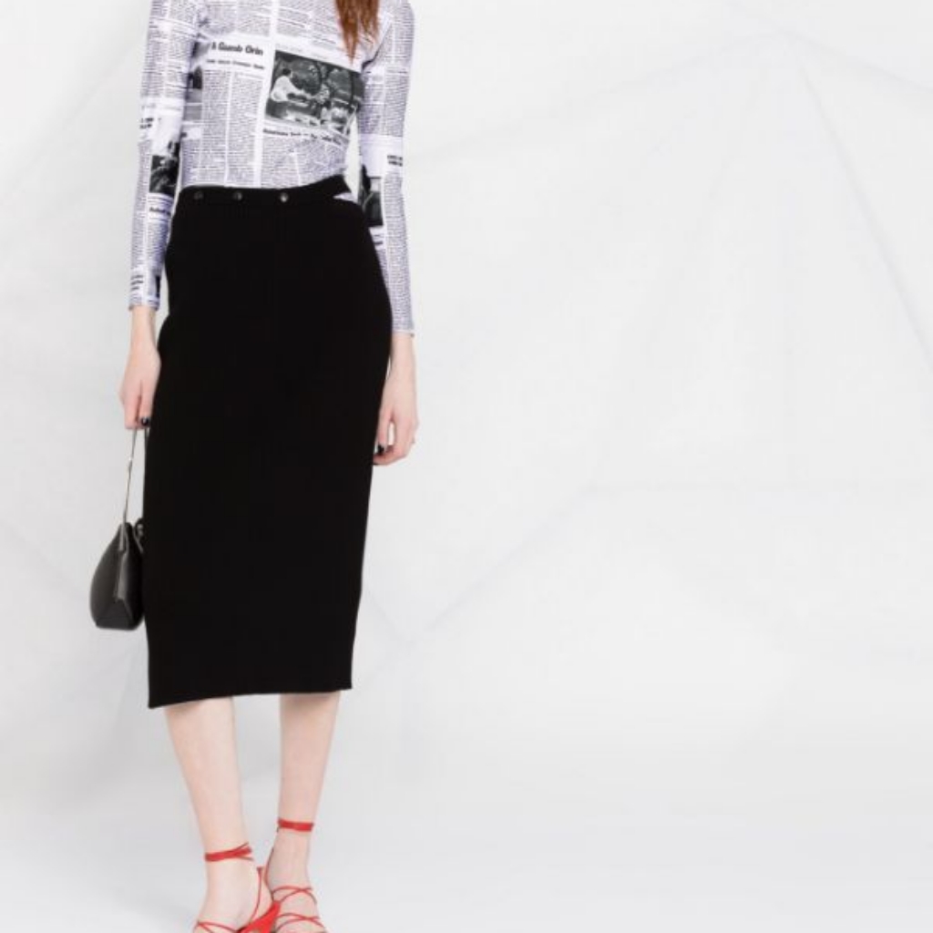 Helmut Lang Off White Double Waistband Fine Wool Rib Skirt